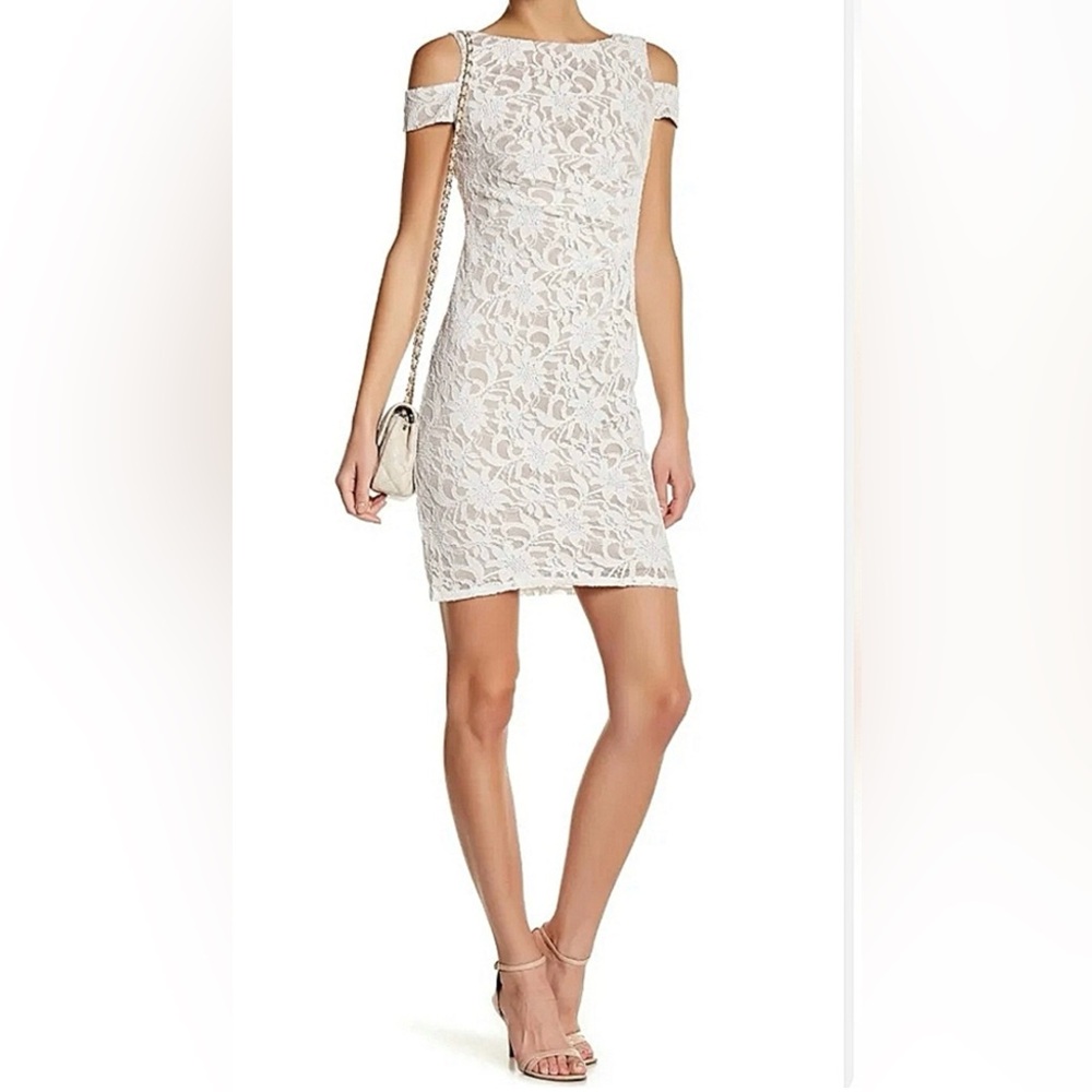 Eliza J. Off-White and Tan Floral Lace Overlay Sheath Dress Size 6 Romantic